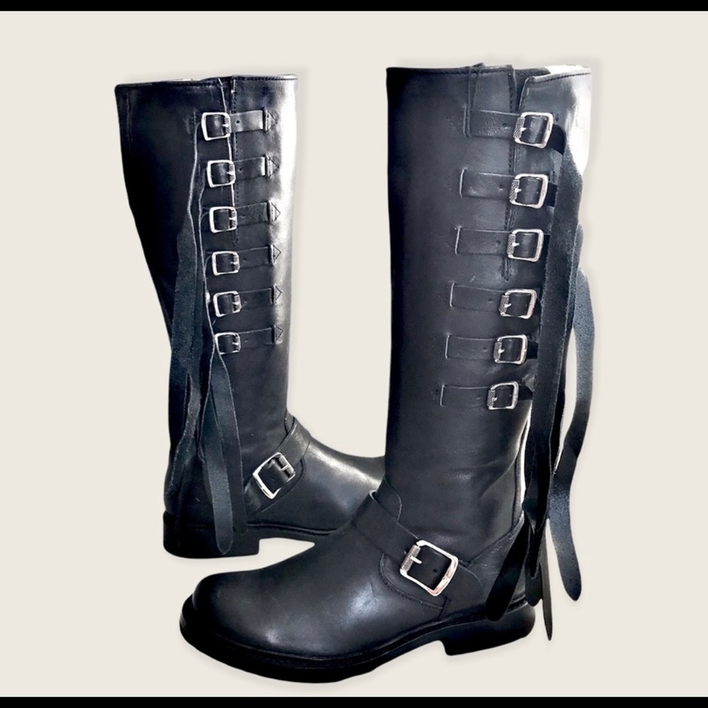🔥FRYE🔥 Veronica Strap Black Leather Fringe Moto Retro Belted Knee High Boots